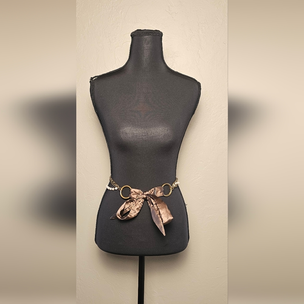 [AEO] Vintage Women's Belt OR Necklace ⭐️ Chain & Pearl Brown Ribbon Loop Tie - Picture 4 of 16